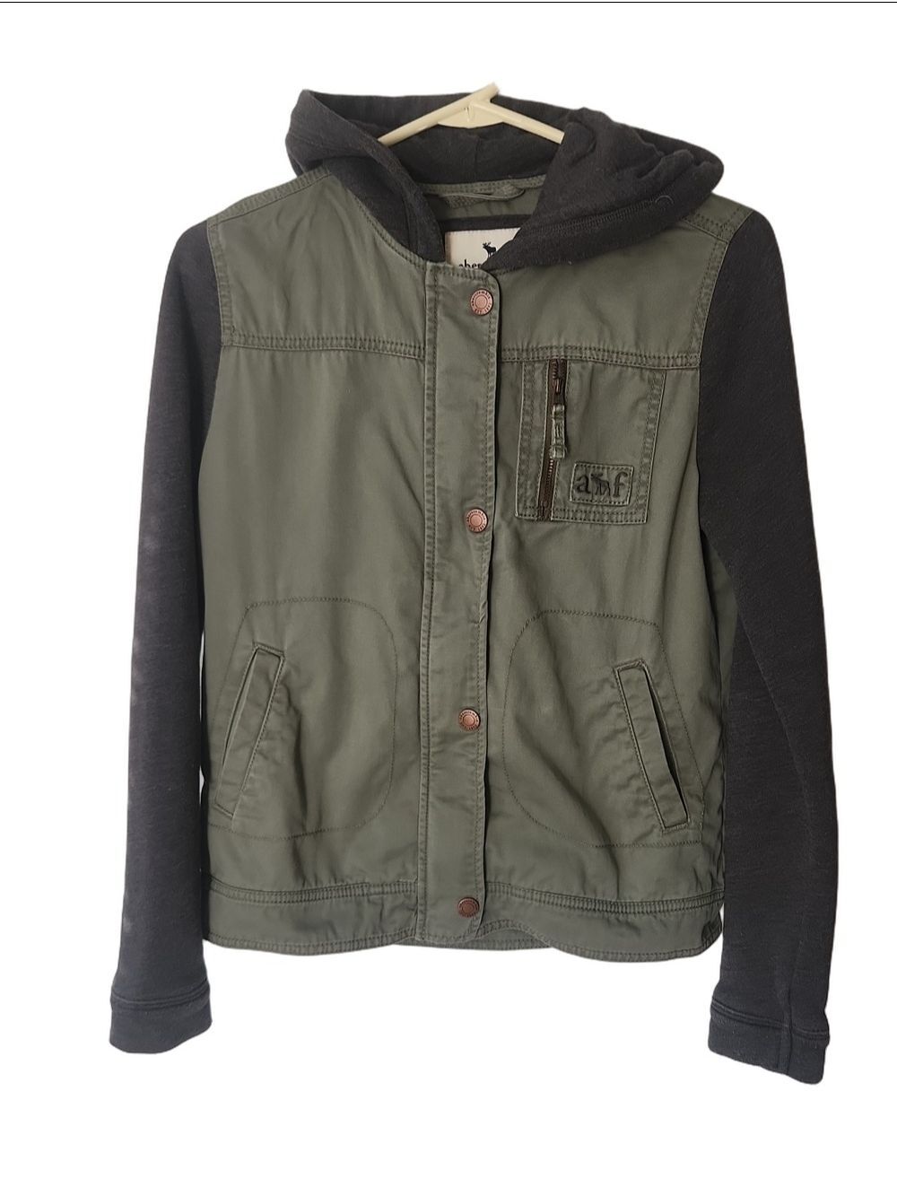 Abercrombie & Fitch Kids Mixed Media Utility Jacket - Olive Green & Grey Hooded